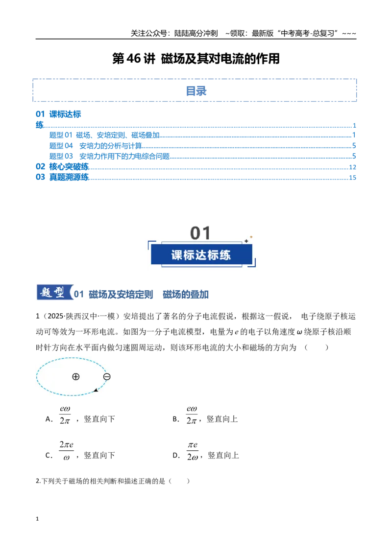 《第46讲磁场及其对电流的作用（专项训练）（湖南专用）（学生版）_04-物理-高考总复习_一轮复习_2026年-物理高考一轮复习_2026年高考物理一轮课件+讲义+练习（湖南专用）-G331》第1页预览