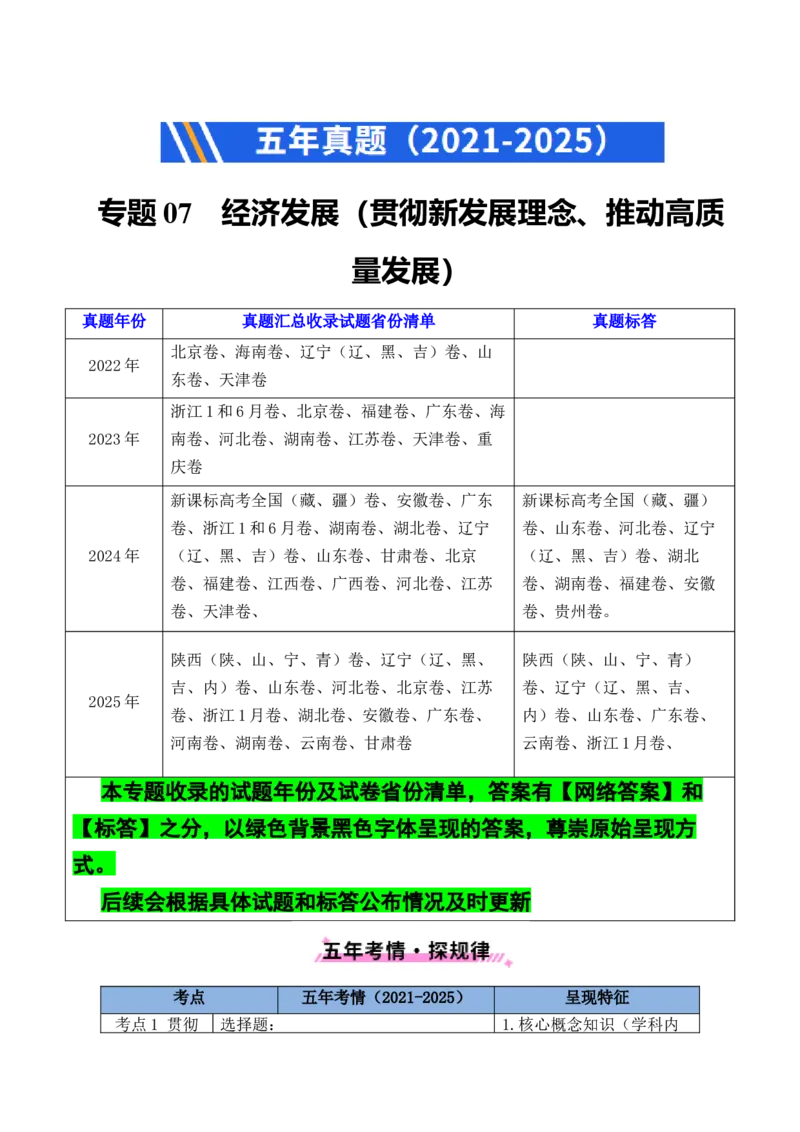 《专题07经济发展（贯彻新发展理念、推动高质量发展）（全国通用）（原卷版）_zheng治_2026年-政治高考专项复习_五年（2021-2025）高考政治真题分类汇编（全国通用）-C438》第1页预览