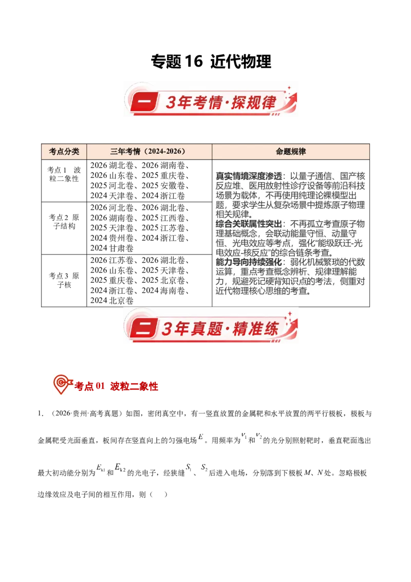 《专题16近代物理（3年汇编）（全国通用）（教师版）_地理_2027年高考地理专项复习_三年（2024-2026）高考物理真题分类汇编（全国通用）-C420》第1页预览