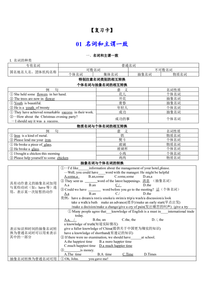 《01名词和主谓一致(复习卡)-2024年高考英语一轮复习语法能力突破必备(PPT+复习卡+精练题)(通用版)_英语(2)_一轮复习_2024年_2024高考英语一轮复习语法能力突破PPT复习卡精练题_资料》第1页预览