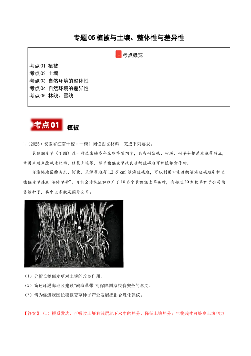 《专题05植被与土壤、整体性与差异性（高频非选择题）（教师版）_地理_2026年-地理高考专项复习_2025年高考地理一模试题分类汇编（新高考通用）》第1页预览