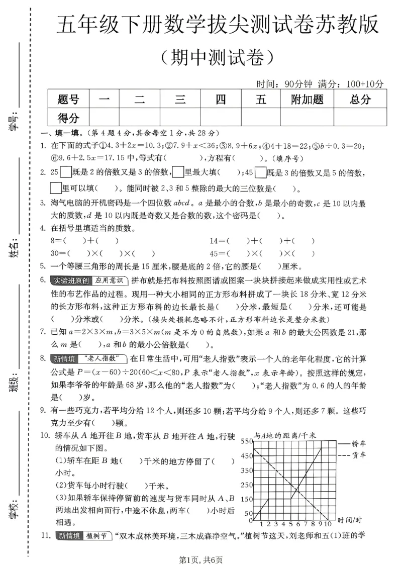 《五年级数学下册苏教版期中检测卷_2026春《小学期中试卷合集》1-6年级下册_1-6年级数学下册苏教版期中检测卷_五年级数学下册苏教版期中检测卷》第1页预览