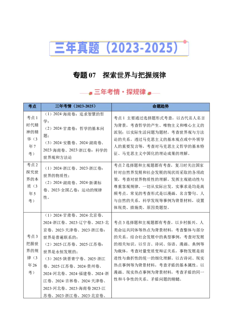 《专题07探索世界与把握规律（全国通用）（教师版）_zheng治_2026年-政治高考专项复习_三年（2023-2025）高考政治真题分类汇编（全国通用）-C430》第1页预览