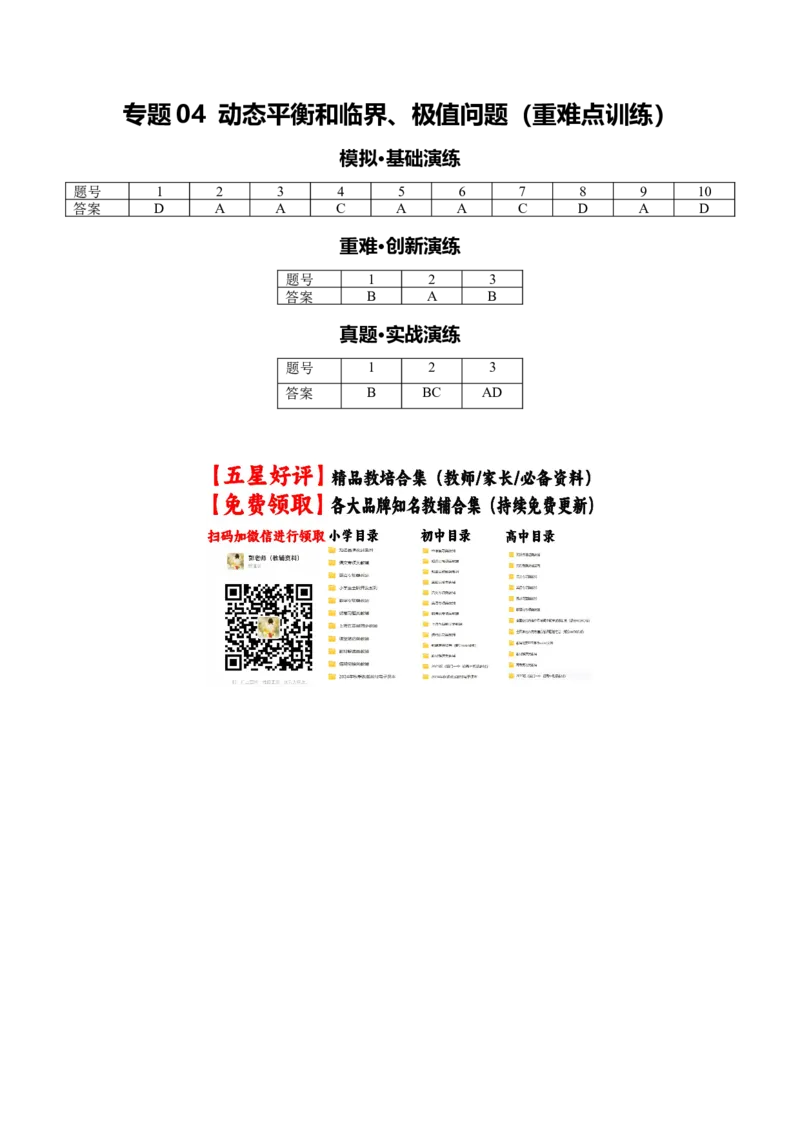 《专题04动态平衡和临界、极值问题(重难点训练)(安徽专用)(答案版)_地理_2027年高考地理一轮_2027年高考物理一轮课件+讲义+练习(安徽专用)-G326_2027版》第1页预览