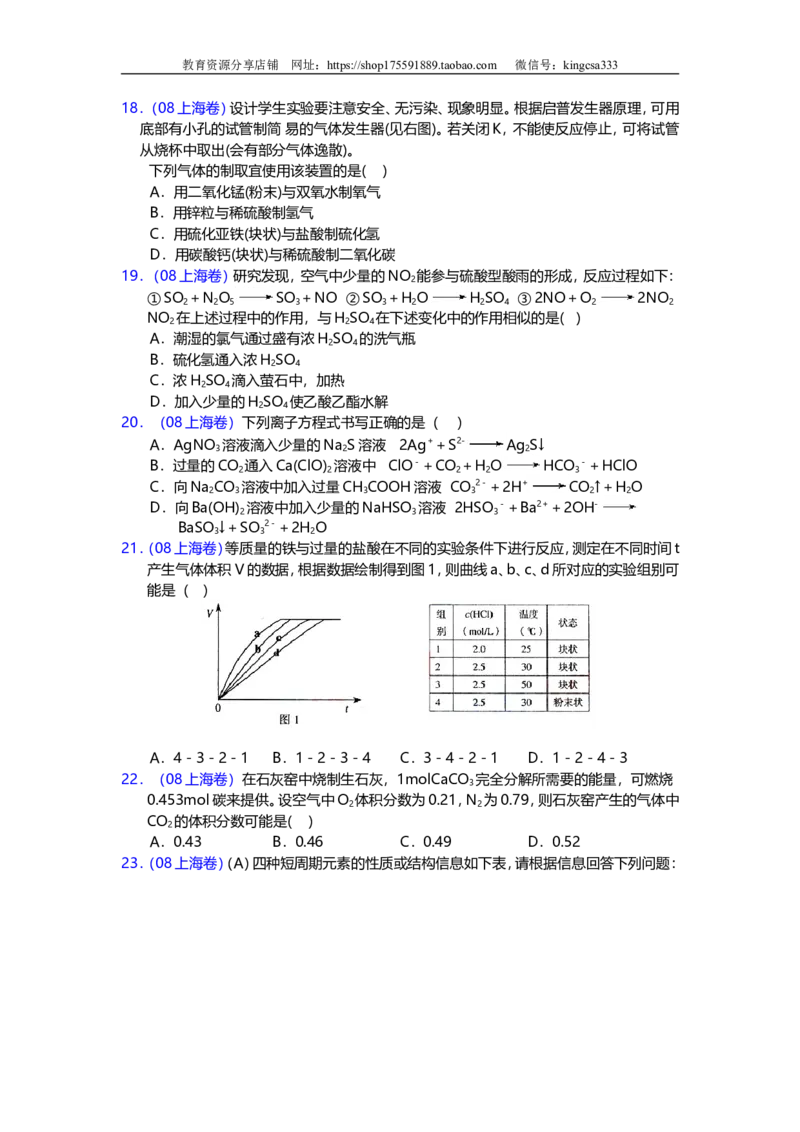 《2008年上海市高中毕业统一学业考试化学试卷（word解析版）(1)_高考一二三轮复习_化学_2027年高考化学专项复习_2008年-2026年化学高考真题-G427_2008-2020年高考_地方卷》第3页预览