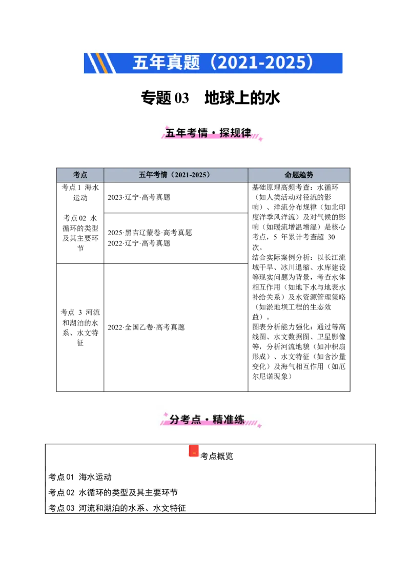 《专题03地球上的水（学生版）_地理_2026年-地理高考专项复习_五年（2021-2025）高考地理真题分类汇编（黑吉辽蒙专用）-G341》第1页预览
