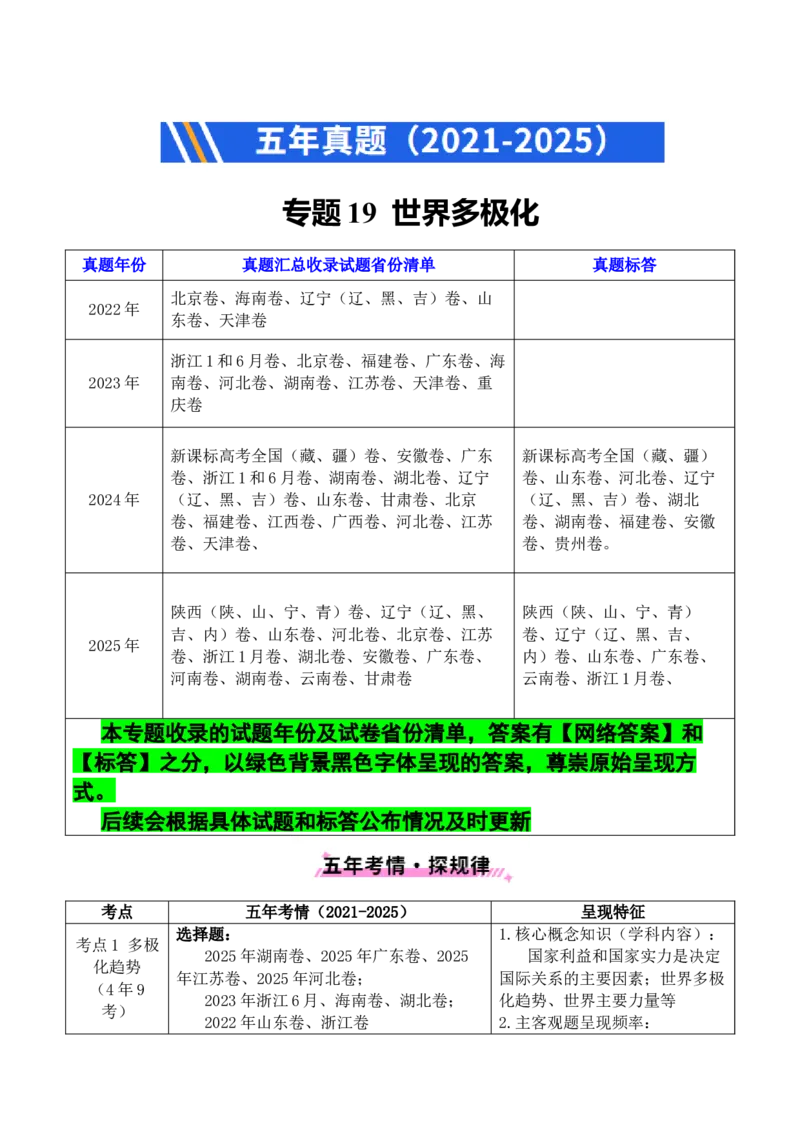 《专题19世界多极化（全国通用）（原卷版）_zheng治_2026年-政治高考专项复习_五年（2021-2025）高考政治真题分类汇编（全国通用）-C438》第1页预览