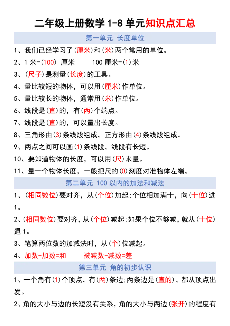 《二年级上册数学1-8单元知识点汇总(1)_2年级上册同步教辅_2上-数学_二上数学-重点必背资料通用》第1页预览