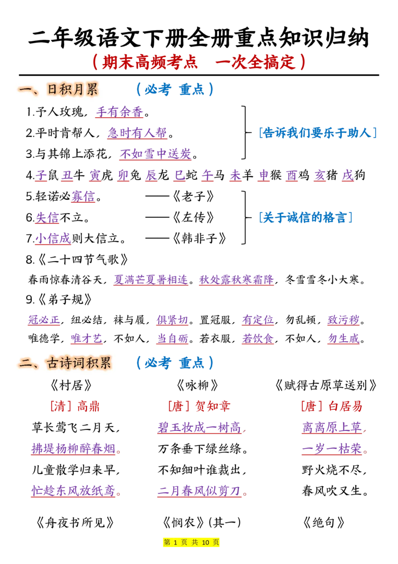 《二（下）语文全册重点知识归纳（10页重点）_2年级下册同步教辅_2下-语文_二下语文-知识点汇总》第1页预览