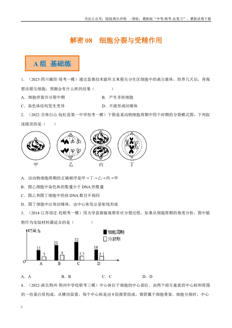 《解密08细胞分裂与受精作用（分层训练）-高频考点解密2023年高考生物二轮复习讲义+分层训练（新教材）（原卷版）_06-生物-高考总复习_二轮复习_2024年_资料》第1页预览