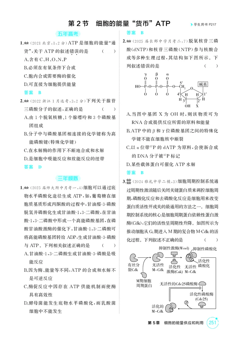 《1_精练册-第5章细胞的能量供应和利用_2026版教学资源包_202653高考总复习A版_湖南版_2026版.湖南版.选考总复习.生物.5·3A版_第1部分分子与细胞_第5章细胞的能量供应和利用_4_PDF教参电子书》第4页预览
