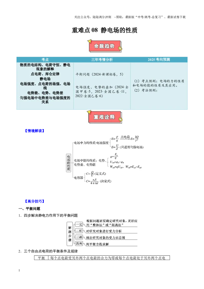 《重难点08静电场的性质（原卷版）_04-物理-高考总复习_专项复习_2025年_2025年高考物理重难点讲义专练（西北四省专用）》第1页预览