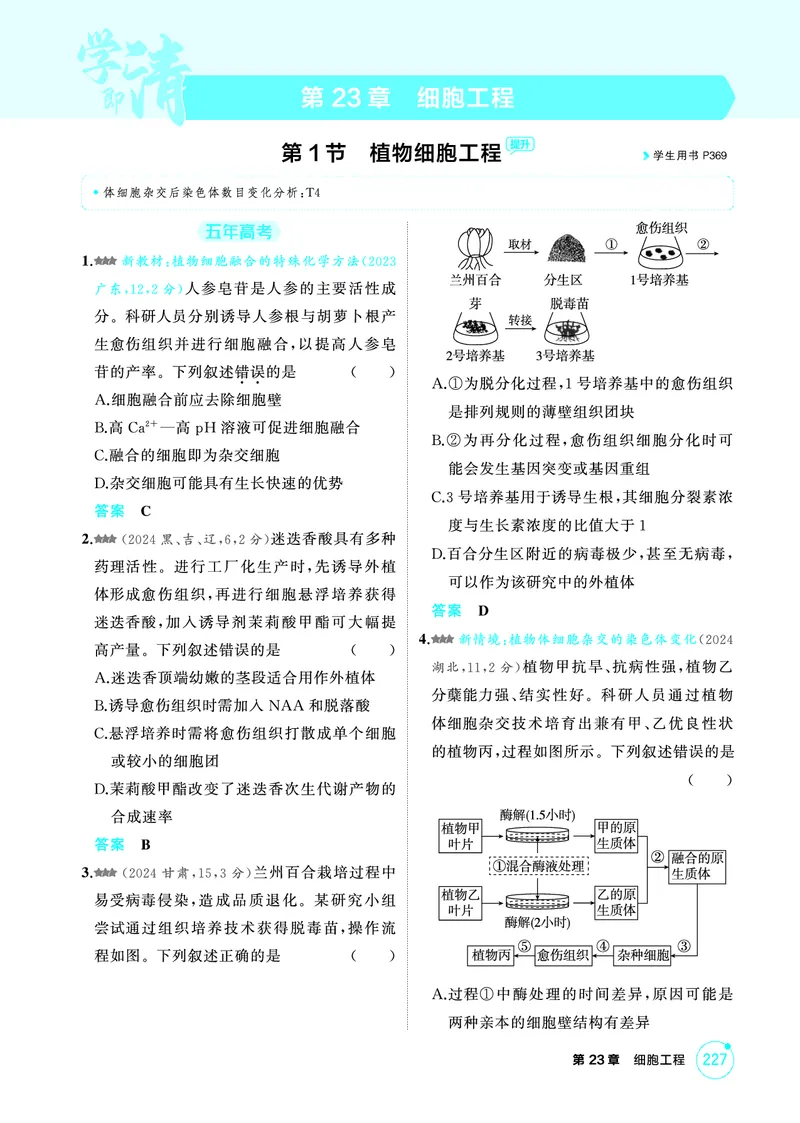 《1_精练册-第23章细胞工程_2026版教学资源包_202653高考总复习A版_广东版_2026版.广东版.选考总复习.生物.5·3A版_第5部分生物技术与工程_第23章细胞工程_4_PDF教参电子书》第1页预览