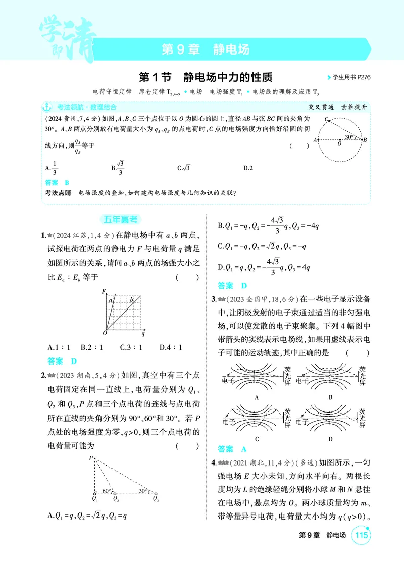 《1_精练册PDF09-第9章静电场_2026版教学资源包_202653高考总复习A版_新高考_物理_教师A版2026年.新高考版.物理.53_二、教师用书PDF_第9章静电场_1_精练册PDF》第1页预览