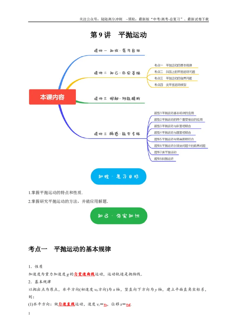 《第9讲　平抛运动（学生版）_04-物理-高考总复习_专项复习_2025年_2025高考物理考点精讲精练知识讲义专项训练_资料》第1页预览