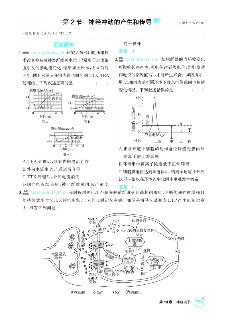 《1_精练册-第14章神经调节_2026版教学资源包_202653高考总复习A版_湖南版_2026版.湖南版.选考总复习.生物.5·3A版_第3部分稳态与调节_第14章神经调节_4_PDF教参电子书》第5页预览