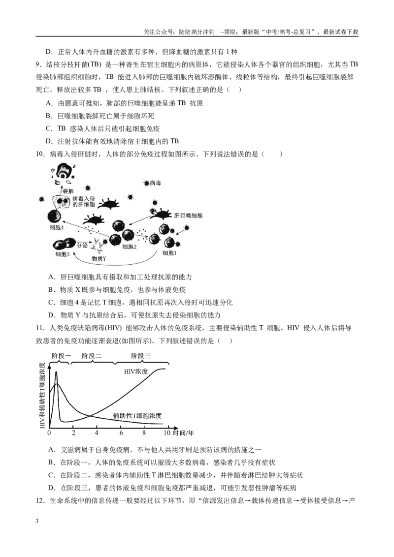 《第八单元稳态与调节（测试）（学生版）_06-生物-高考总复习_一轮复习_2025年_2025年高考生物一轮复习讲义+练习+课件（新教材新高考）_第八单元稳态与调节》第3页预览