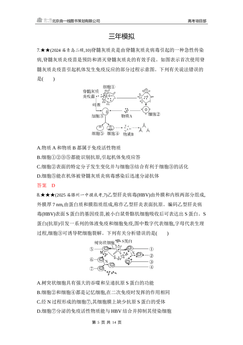 《1_精练册Word-第16章　免疫调节_2026版教学资源包_202653高考总复习A版_山东版_2026版.山东版.选考总复习.生物.5·3A版_第3部分稳态与调节_第16章免疫调节_5_习题WORD》第5页预览