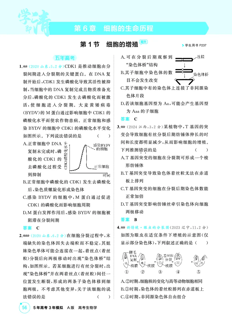 《1_精练册PDF-第6章细胞的生命历程_2026版教学资源包_202653高考总复习A版_山东版_2026版.山东版.选考总复习.生物.5·3A版_第1部分分子与细胞_第6章细胞的生命历程_1_精练册PDF》第1页预览