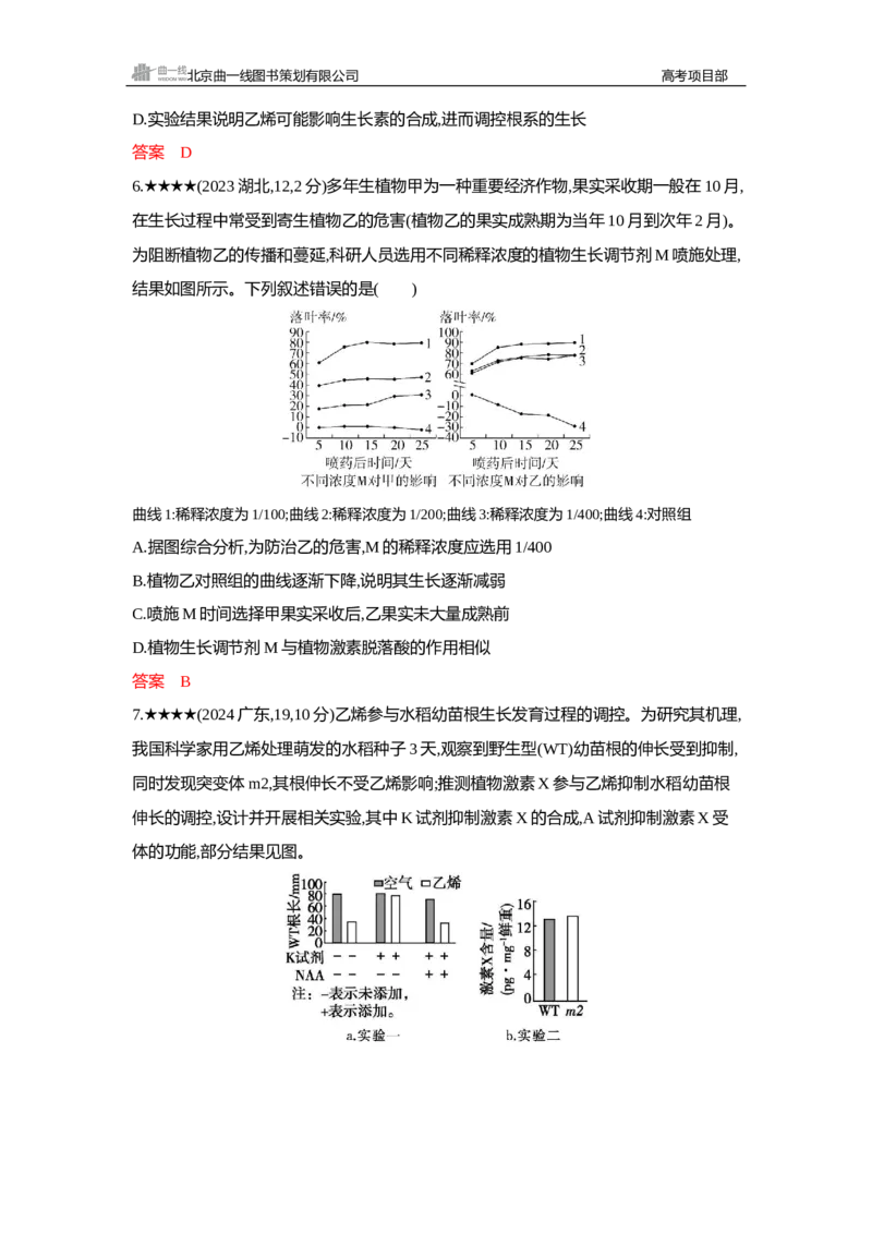 《1_精练册Word—第17章植物生命活动的调节_2026版教学资源包_202653高考总复习A版_新高考_生物_教师A版2026年.新高考版.生物.53_第3部分稳态与调节_第17章植物生命活动的调节_3_习题WORD》第7页预览