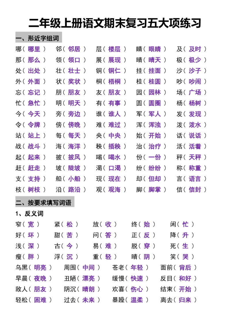 《二年级上册语文期末复习五大项练习_2年级上册同步教辅_2上-语文_二上语文-期中+期末复习》第5页预览