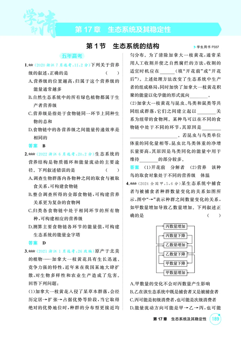 《1_精练册-第17章生态系统及其稳定性_2026版教学资源包_202653高考总复习A版_浙江版_2026版.浙江版.选考总复习.生物.5·3A版_第4部分生物与环境_第17章生态系统及其稳定性_1_精练册PDF》第1页预览
