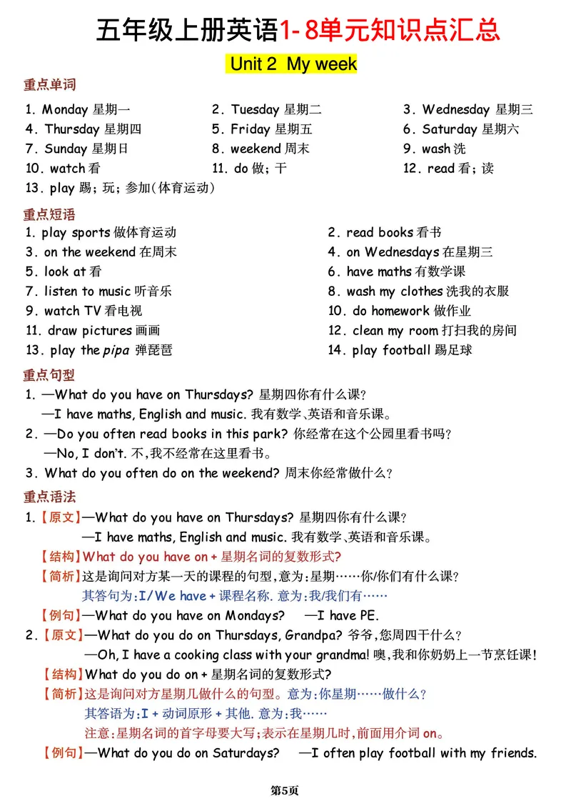 《五年级上册英语《单元重难考点梳理表》，附详解知识卷共24页(1)_5年级上册同步教辅_5上英语_五上英语通用重点必背资料+专项》第5页预览