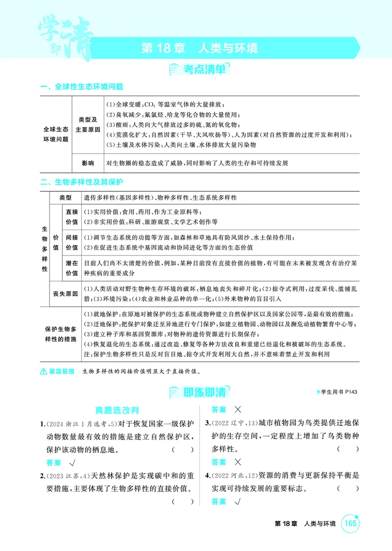 《1_精讲册-第18章人类与环境_2026版教学资源包_202653高考总复习A版_浙江版_2026版.浙江版.选考总复习.生物.5·3A版_第4部分生物与环境_第18章人类与环境_1_精练册PDF》第1页预览