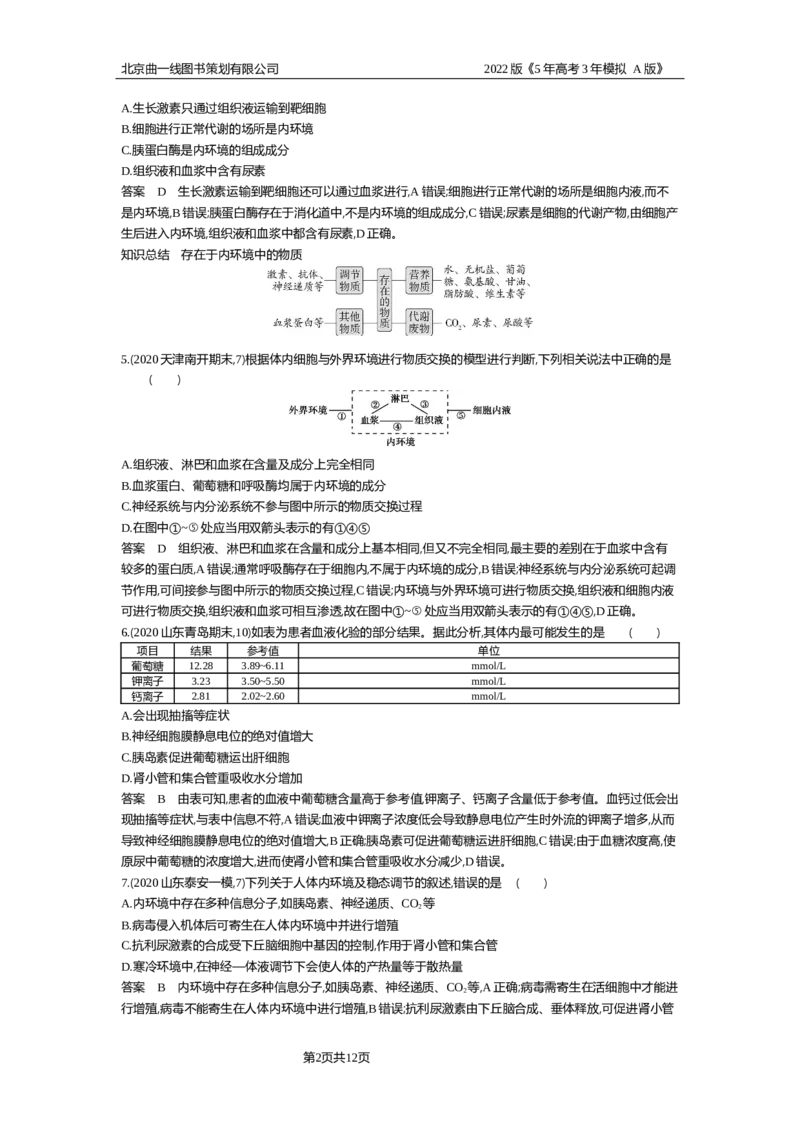《专题资料包_2022版教学资源包_五年高考三年模拟_2022版新高考版选考总复习生物5·3A版_0125143739_专题15人体的内环境与稳态_专题资料包_专题检测_专题资料包》第2页预览
