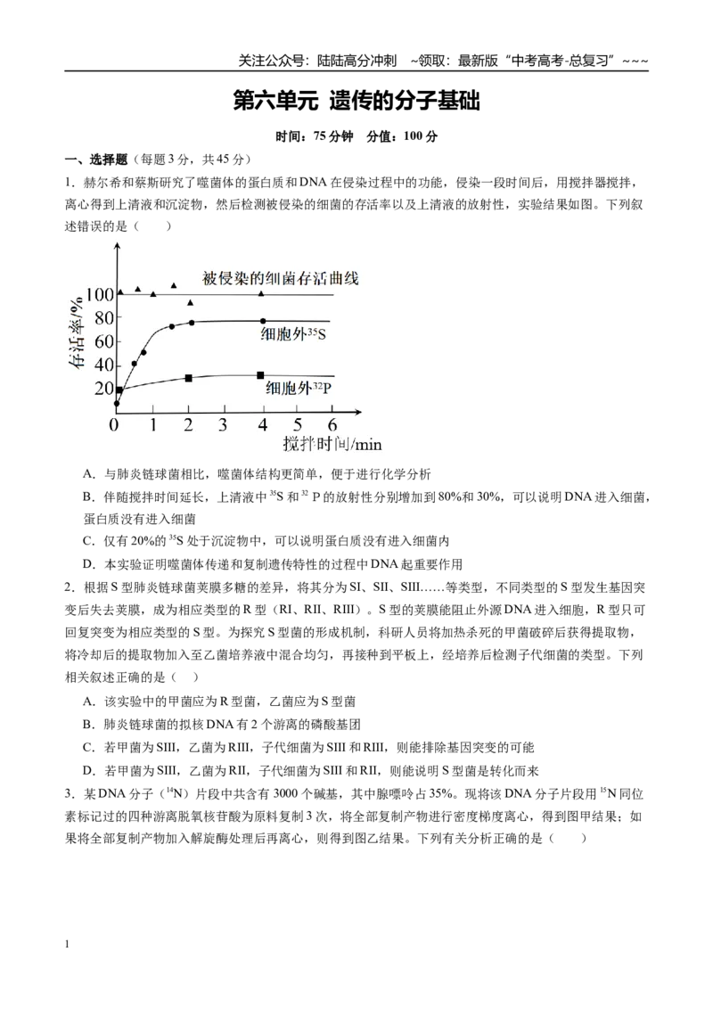 《第六单元遗传的分子基础（综合训练）（安徽专用）（学生版）_06-生物-高考总复习_一轮复习_2026年-生物高考一轮复习_2026年高考生物一轮课件+讲义+练习（安徽专用）-G326》第1页预览