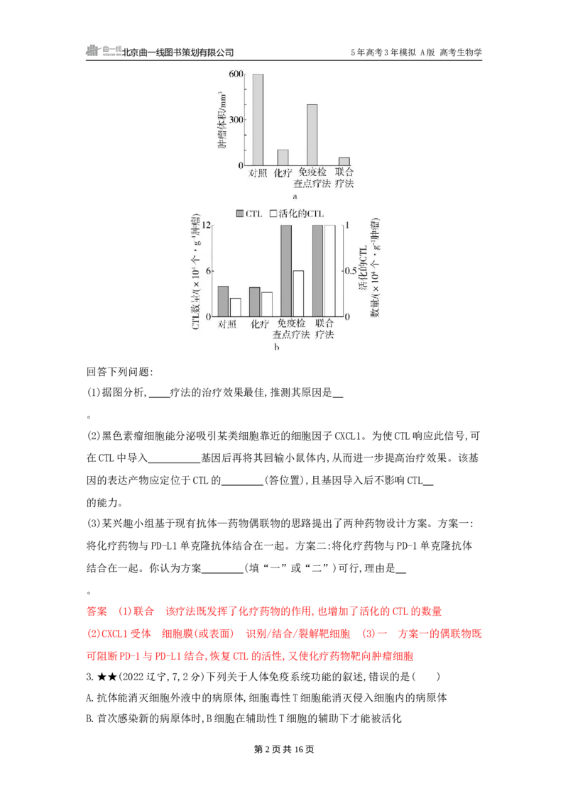 《1_精练册word-第16章　免疫调节_2026版教学资源包_202653高考总复习A版_广东版_2026版.广东版.选考总复习.生物.5·3A版_第3部分稳态与调节_第16章免疫调节_3_习题WORD》第2页预览