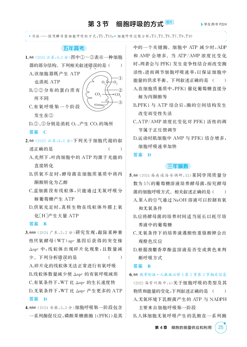 《1_精练册-第4章　细胞的能量供应和利用_2026版教学资源包_202653高考总复习A版_江苏版_2026版.江苏版.选考总复习.生物.5·3A版_第1部分分子与细胞_第4章细胞的能量供应和利用_1_精练册PDF》第5页预览