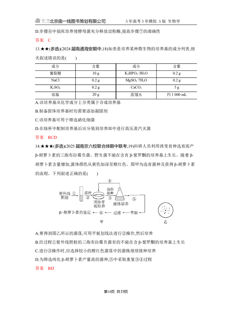 《1_精练册Word-第21章　发酵工程_2026版教学资源包_202653高考总复习A版_江苏版_2026版.江苏版.选考总复习.生物.5·3A版_第5部分生物技术与工程_第21章发酵工程_5_习题WORD》第10页预览