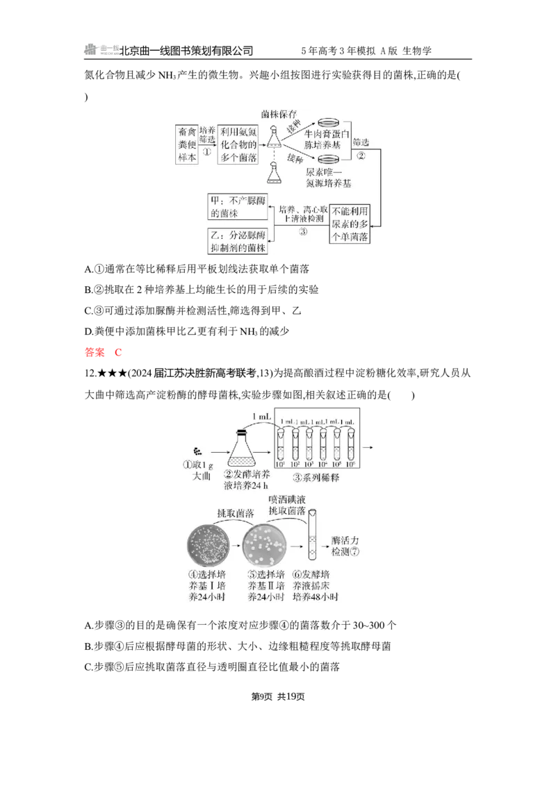 《1_精练册Word-第21章　发酵工程_2026版教学资源包_202653高考总复习A版_江苏版_2026版.江苏版.选考总复习.生物.5·3A版_第5部分生物技术与工程_第21章发酵工程_5_习题WORD》第9页预览