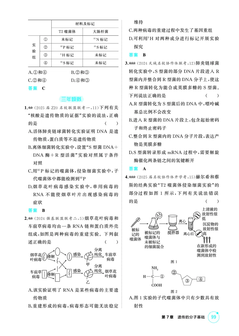《1_精练册-第7章遗传的分子基础_2026版教学资源包_202653高考总复习A版_浙江版_2026版.浙江版.选考总复习.生物.5·3A版_第2部分遗传与进化_第7章遗传的分子基础_1_精练册PDF》第2页预览