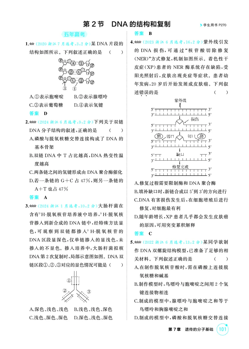 《1_精练册-第7章遗传的分子基础_2026版教学资源包_202653高考总复习A版_浙江版_2026版.浙江版.选考总复习.生物.5·3A版_第2部分遗传与进化_第7章遗传的分子基础_1_精练册PDF》第4页预览