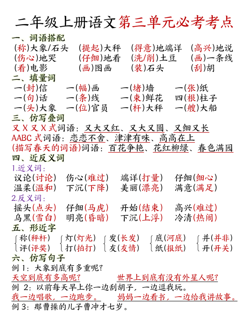 《二年级上册语文单元必考点完整版_2年级上册同步教辅_2上-语文_二上语文-期中+期末复习》第5页预览