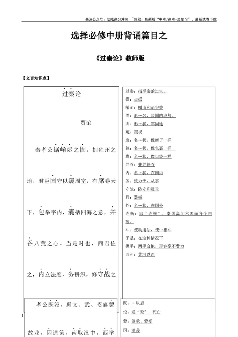 《选择必修中册背诵篇目之《过秦论》（教师版）_专项复习_2025年_2025年高考语文古诗文必备篇目读写专练（全国通用）_资料_4-选择必修中册》第1页预览