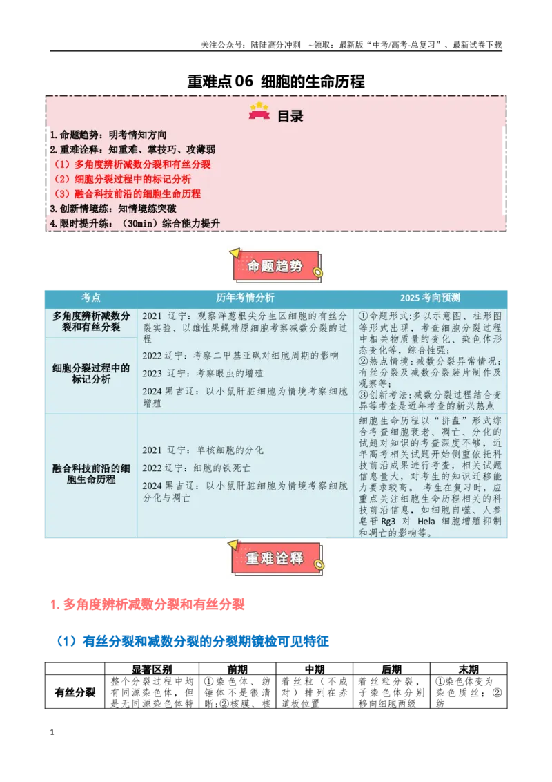 《重难点06细胞的生命历程（解析版）_06-生物-高考总复习_专项复习_2025年_2025年高考生物重难点讲义专练（黑吉辽蒙专用）》第1页预览