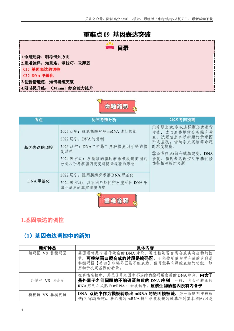 《重难点09基因表达突破（解析版）_06-生物-高考总复习_专项复习_2025年_2025年高考生物重难点讲义专练（黑吉辽蒙专用）》第1页预览
