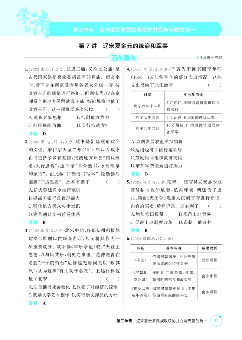《1_精练册-第三单元　辽宋夏金多民族政权的并立与元朝的统一_2026版教学资源包_202653高考总复习A版_山东版_2026版.山东版.选考总复习.历史.5·3A版_二、教师用书PDF_第一部分中国古代史》第1页预览