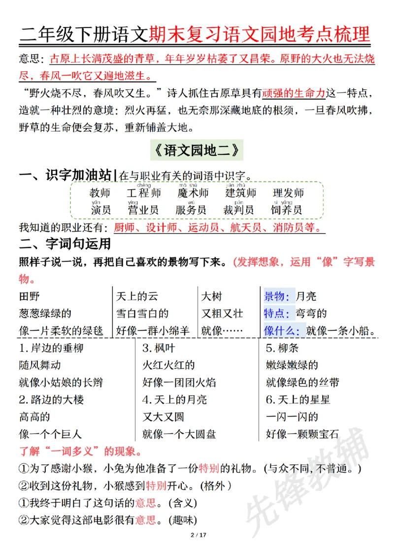《二年级（下）语文园地考点梳理_2年级下册同步教辅_2下-语文_二下语文-重点必备资料》第2页预览