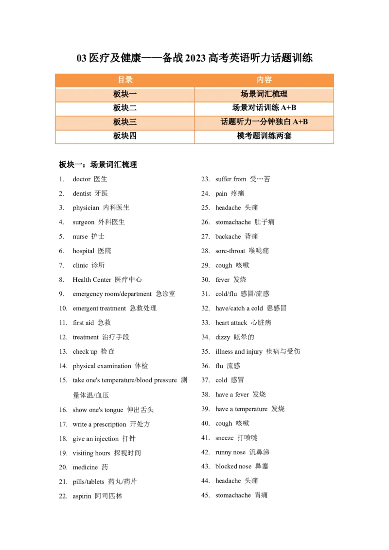 《03医疗及健康-（含听力原文和MP3）_英语(2)_专项复习_2025年_2025年高考英语听力热点常考话题精练（含听力原文和MP3）_03医疗及健康（含听力原文和MP3）》第1页预览