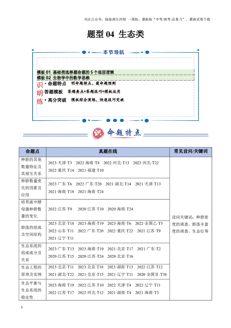 《题型04生态类（2大模板）（教师版）_06-生物-高考总复习_专项复习_2025年_2025年高考生物答题技巧与答题模板（全国通用）》第1页预览