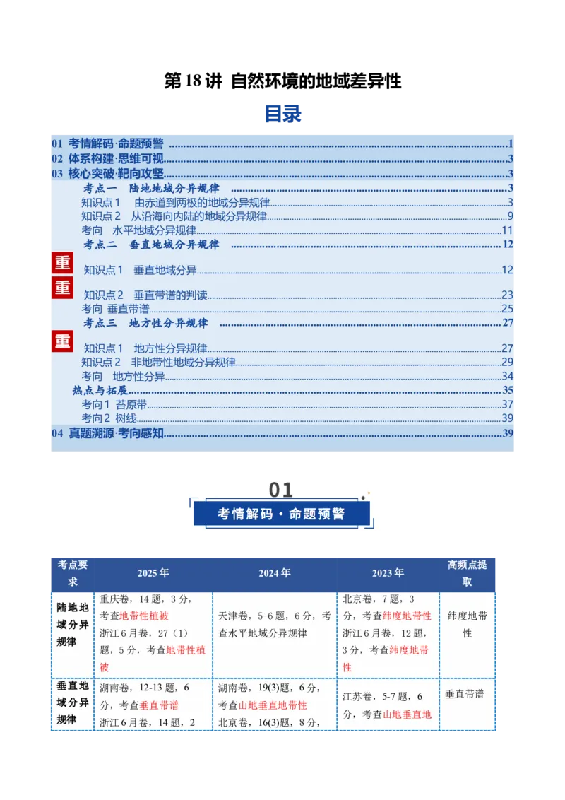 《第18讲自然环境的地域差异性（复习讲义）（全国通用）（学生版）_地理_2026年_2026年高考地理一轮复习讲义+练习+课件（新教材新高考）-G55_2026版_专题06自然环境的整体性与差异性》第1页预览