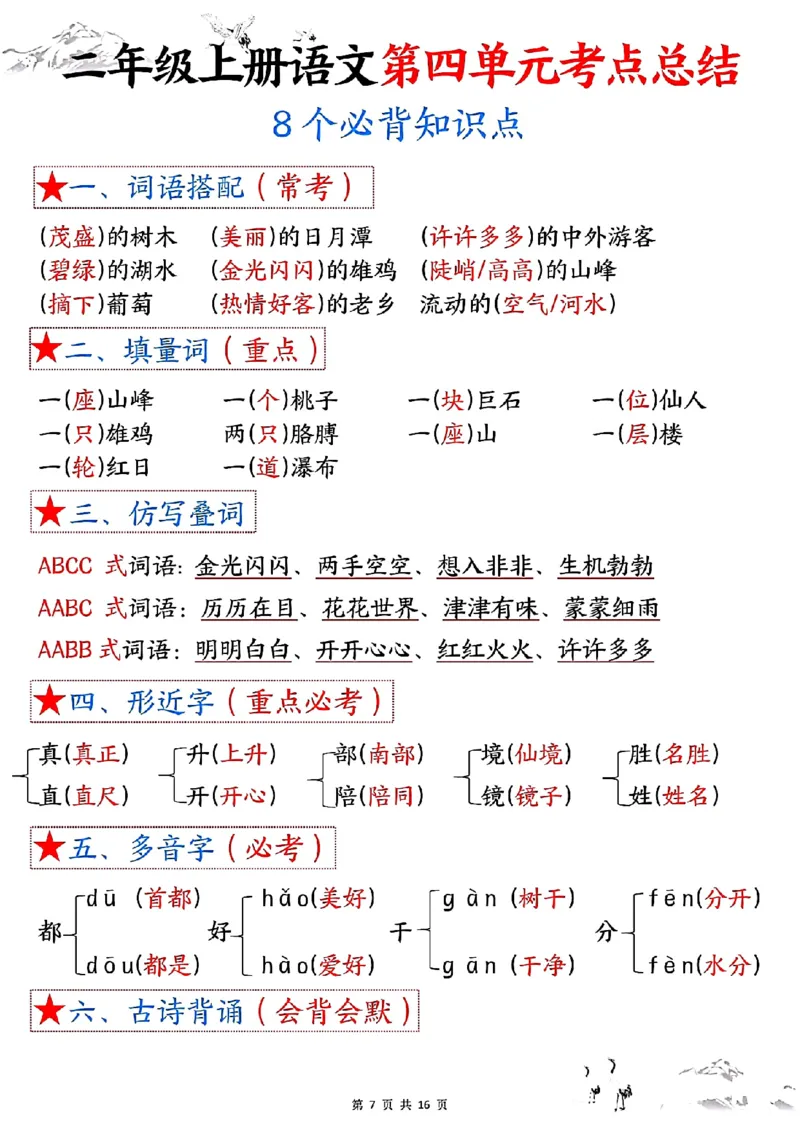 《二年级上册语文1-8单元考点总结_2年级上册同步教辅_2上-语文_二上语文-核心考点》第7页预览