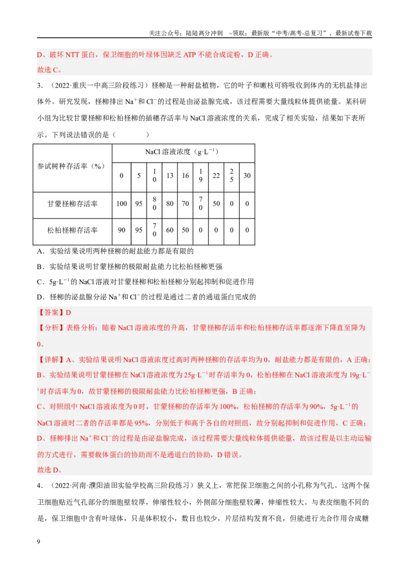 《解密03细胞的物质输入和输出（分层训练）（解析版）_06-生物-高考总复习_二轮复习_2024年_2024年新教材高考生物二轮复习讲义分层训练题考点_资料》第9页预览