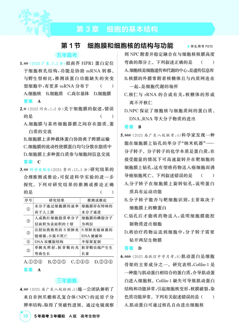《1_精练册-第3章细胞的基本结构_2026版教学资源包_202653高考总复习A版_广东版_2026版.广东版.选考总复习.生物.5·3A版_第1部分分子与细胞_第3章细胞的基本结构_4_PDF教参电子书》第1页预览