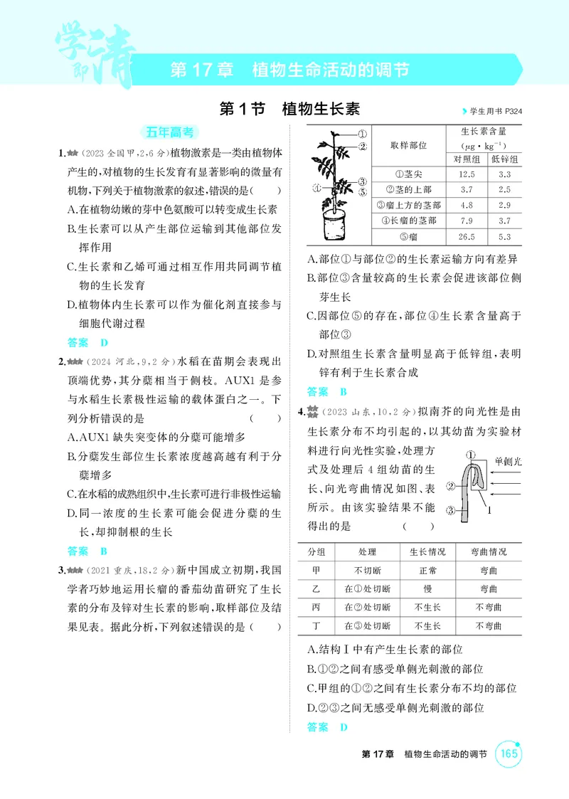 《1_精练册第17章植物生命活动的调节_2026版教学资源包_202653高考总复习A版_新高考_生物_教师A版2026年.新高考版.生物.53_第3部分稳态与调节_第17章植物生命活动的调节_4_PDF教参电子书》第1页预览