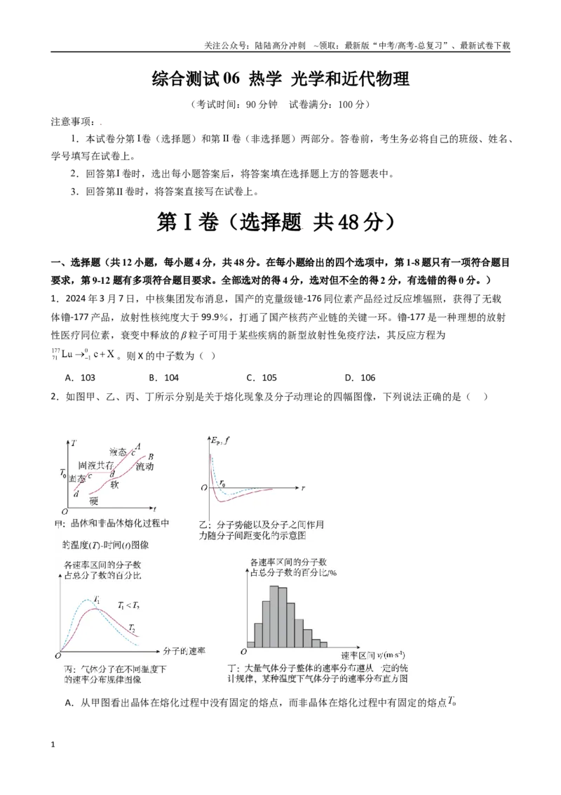 《综合测试06热学光学和近代物理（学生版）_04-物理-高考总复习_一轮复习_2025年_2025年高考物理一轮复习考点精讲精练（新高考通用）》第1页预览